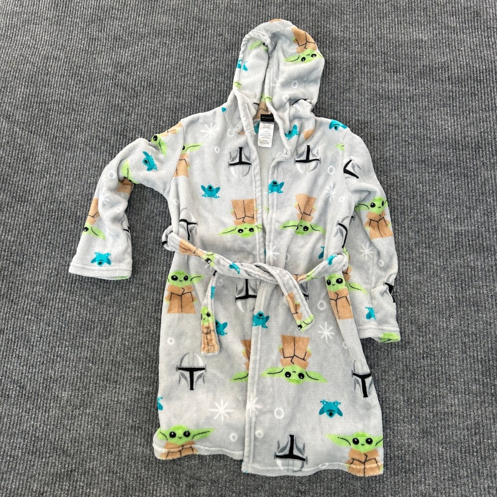 Star Wars Mandalorian Grogu Baby Yoda Hooded Plush Robe Boys Size L 10 Gray EUC